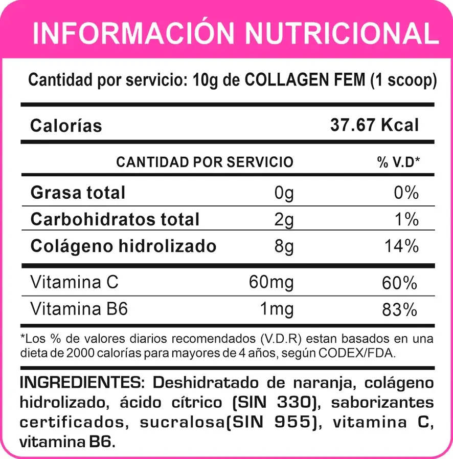 TABLA NUTRICIONAL DE COLLAGEN FEM